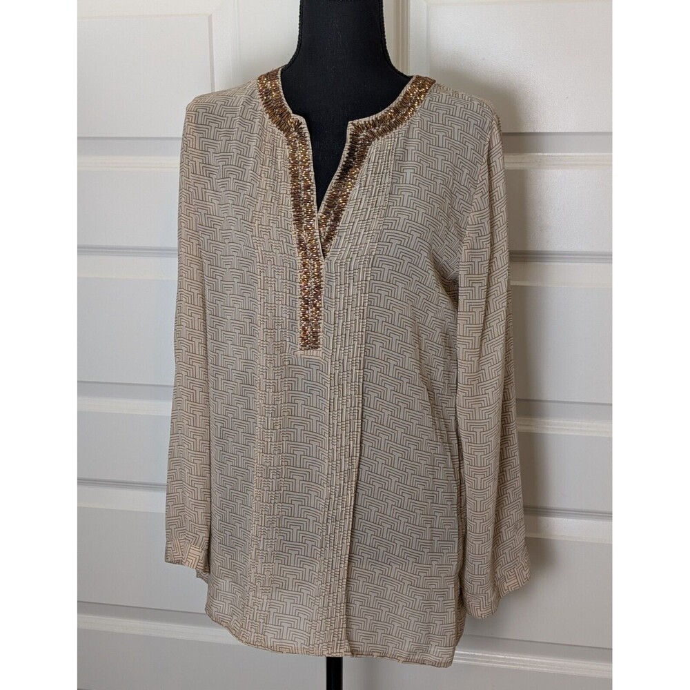 NWOT Chico's Beaded Top Blouse Size S Beige Brown Geometric Chiffon Tunic